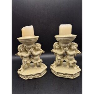 Vintage Cherub Ting Shen Figurine Resin Pedestal Candle Holders - set of 2